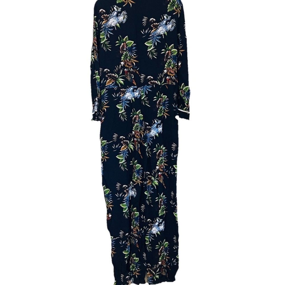 Women’s Zara Collar Floral Macaw Button Up Pant Jumpsuit Tropical Size L Parrot - Picture 3 of 8